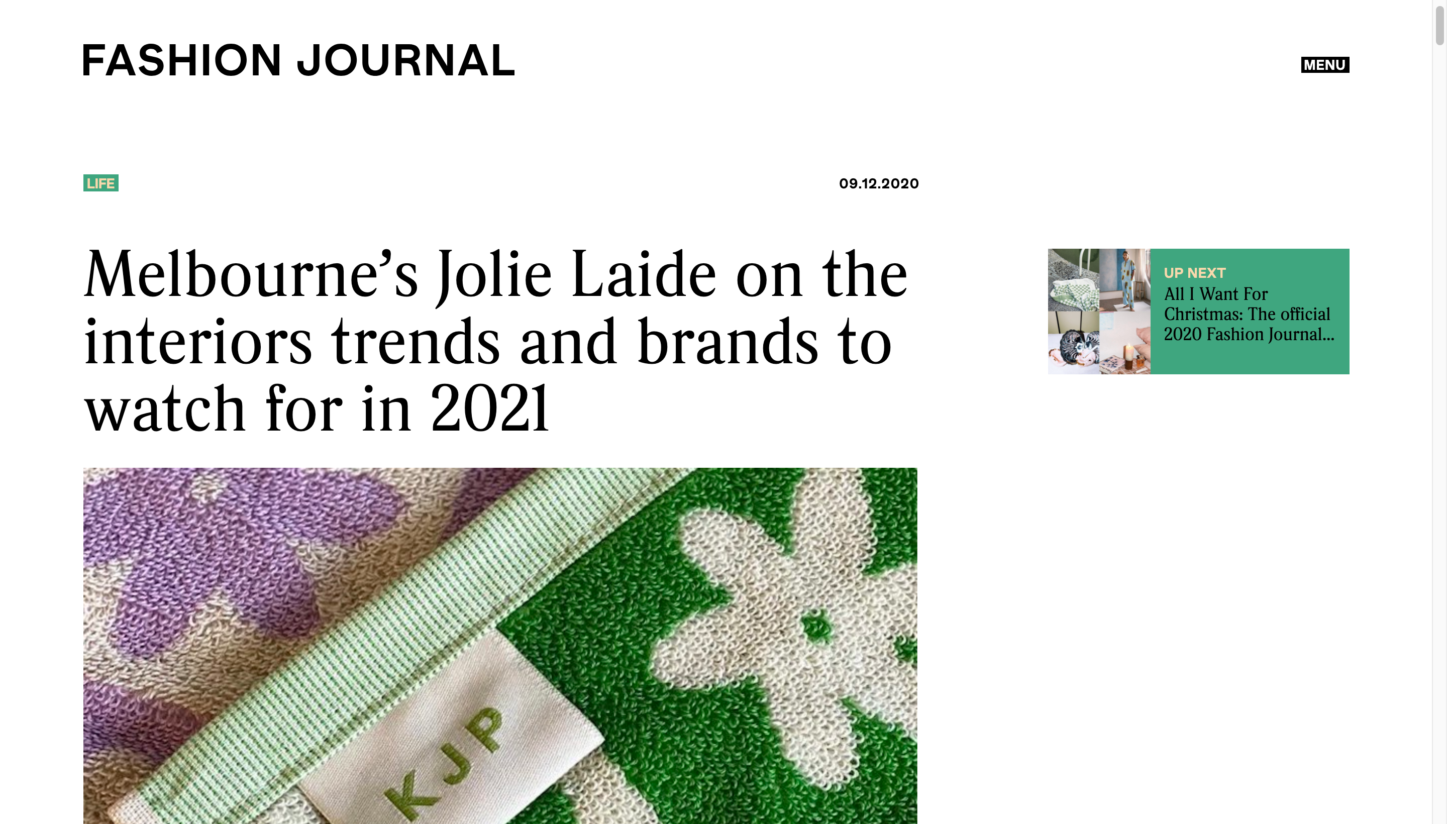 Fashion Journal - "Melbourne’s Jolie Laide on the interiors trends and brands to watch for in 2021"