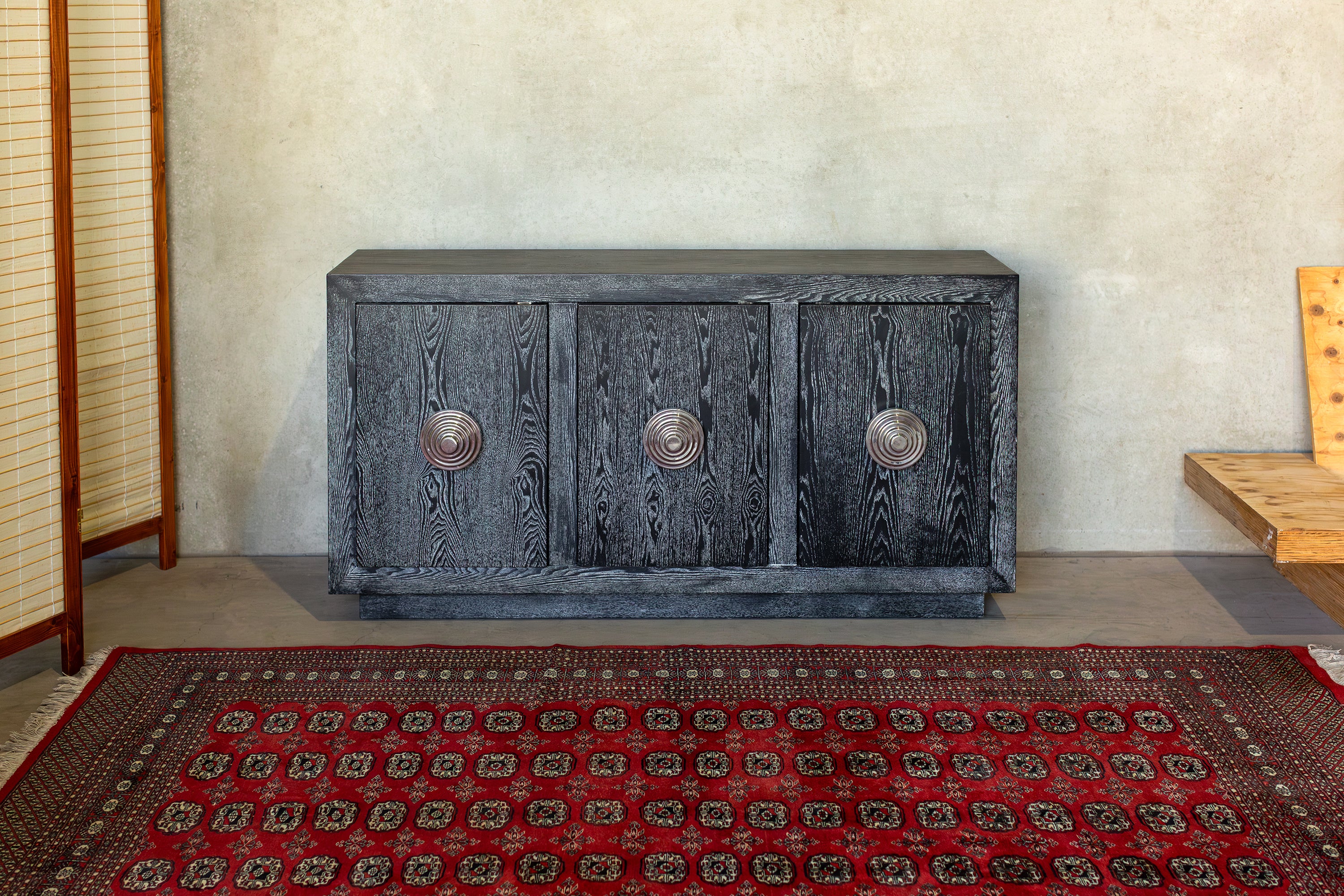 Vintage black oak sideboard with storage compartments